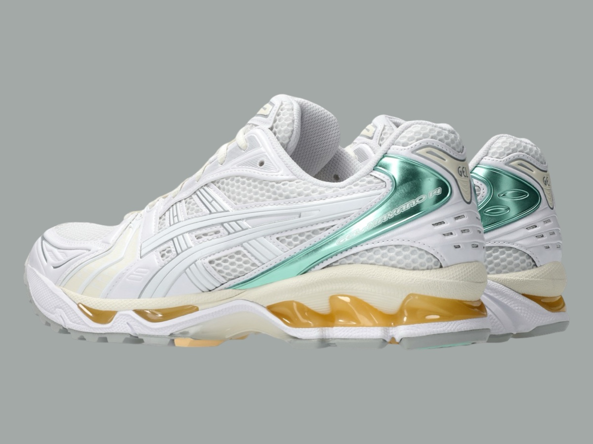 Rear view displaying the metallic green heel counter and GEL cushioning in a golden hue.