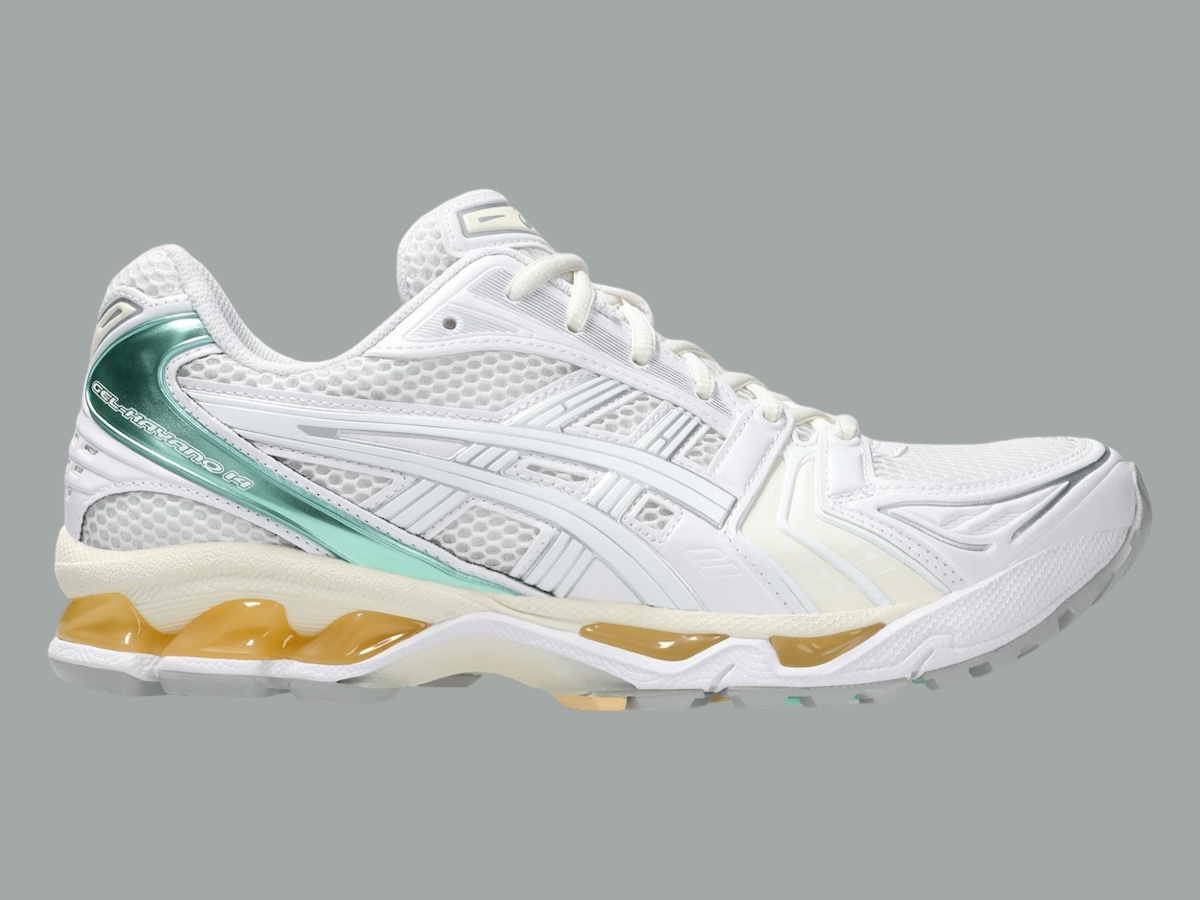 Side profile of the ASICS GEL-Kayano 14 "White/Pastel," showcasing its clean design and pastel accents.