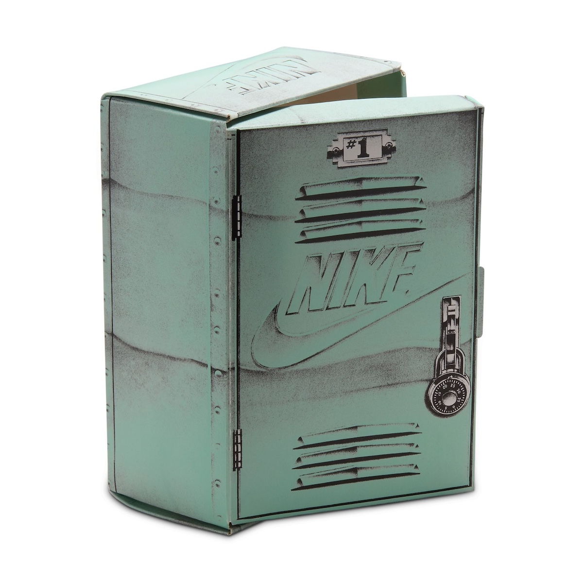 Special edition Nike locker-themed packaging for Air Jordan 1 High 85 Bred Toddler DV3655-067 in mint green with lock graphic.