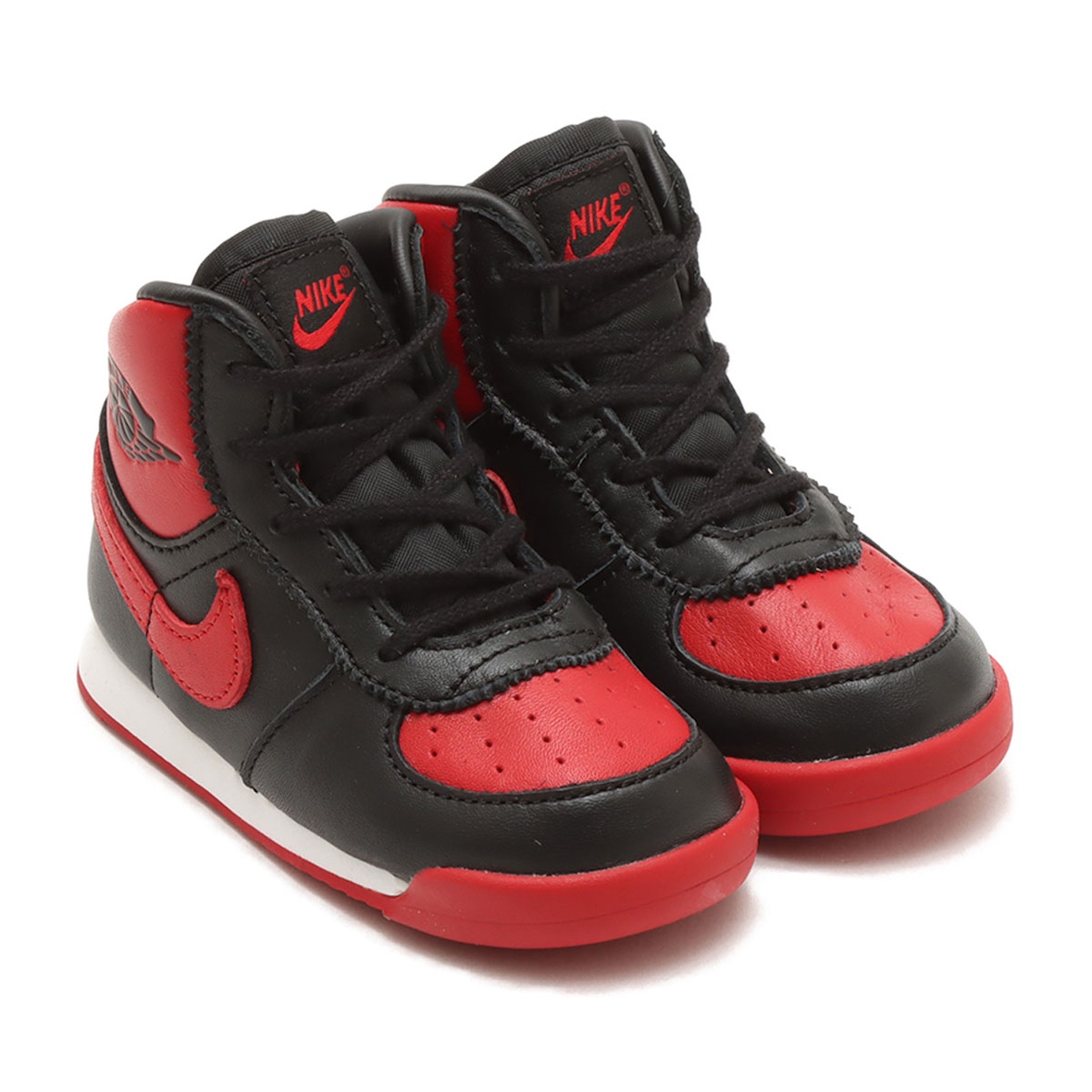 Air Jordan 1 High 85 Bred Toddler Shoes DV3655-067 featuring black and red leather upper, Nike Swoosh, and iconic Wings logo