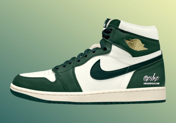 Air Jordan 1 High OG Fir Pro Green featuring Pale Ivory base, Pro Green overlays, and Metallic Gold Wings logo