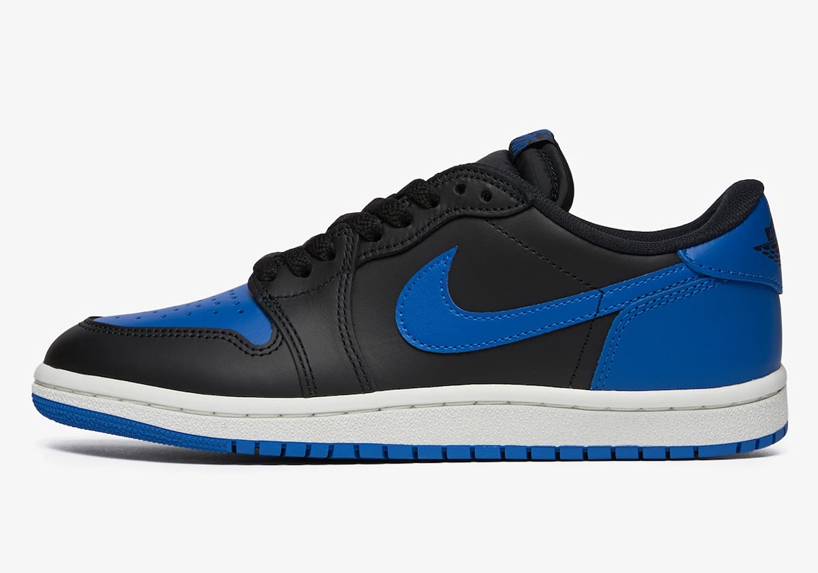 Air Jordan 1 Low '85 Royal side view showcasing black leather base with royal blue Swoosh