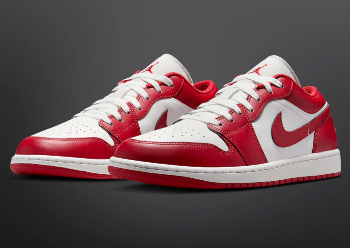 Air Jordan 1 Low Red White 553558-166 featuring classic red leather overlays, white leather base, and signature Swoosh logo.