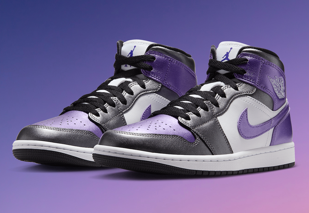 Air Jordan 1 Mid Metallic Purple featuring white leather upper, black overlays, and metallic purple accents on the toe box, heel, and Swoosh.