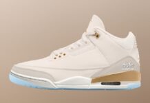 Air Jordan 3 Champagne & Oysters featuring Sail leather upper, Grey suede overlays, and Gold accents with an icy Blue outsole