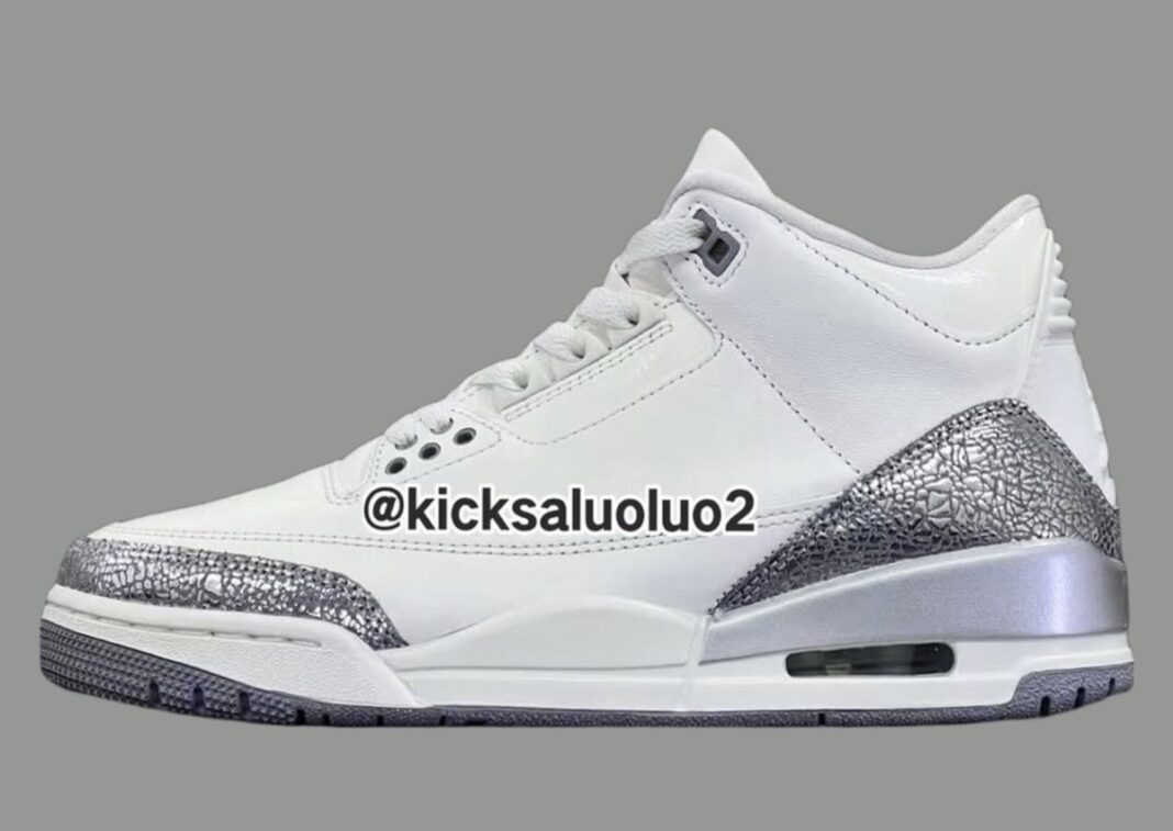 Air Jordan 3 Sail Metallic Silver side view showcasing Sail leather upper and Metallic Silver elephant print.