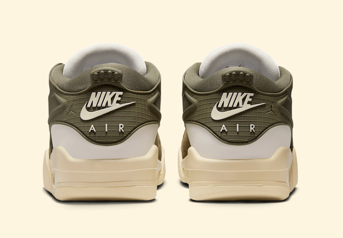 ear view of Air Jordan 4 RM Medium Olive featuring Nike Air branding and hidden BMX logo beneath the heel tab.