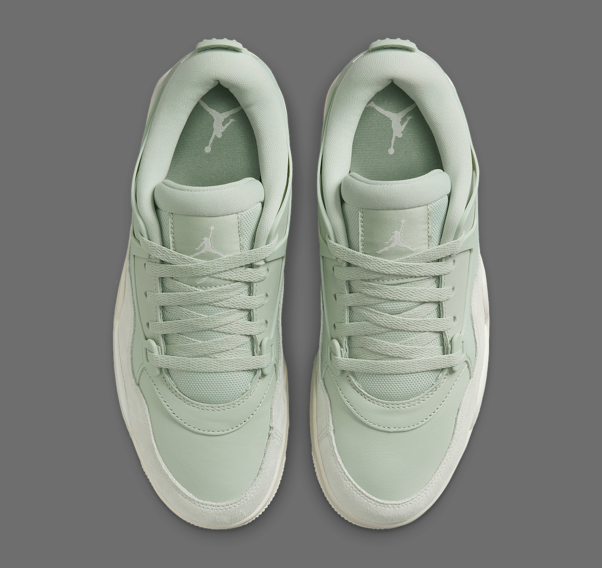 Overhead view of Air Jordan 4 RM Seafoam showing laces and tongue branding