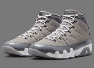 Air Jordan 9 'Cool Grey' HV4794-011 sneaker featuring a grey nubuck upper, glossy patent leather mudguard, white midsole, and icy outsole. A classic Jordan Brand release with premium details.