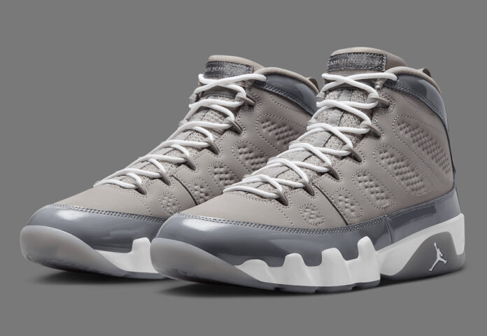 Air Jordan 9 'Cool Grey' HV4794-011 sneaker featuring a grey nubuck upper, glossy patent leather mudguard, white midsole, and icy outsole. A classic Jordan Brand release with premium details.