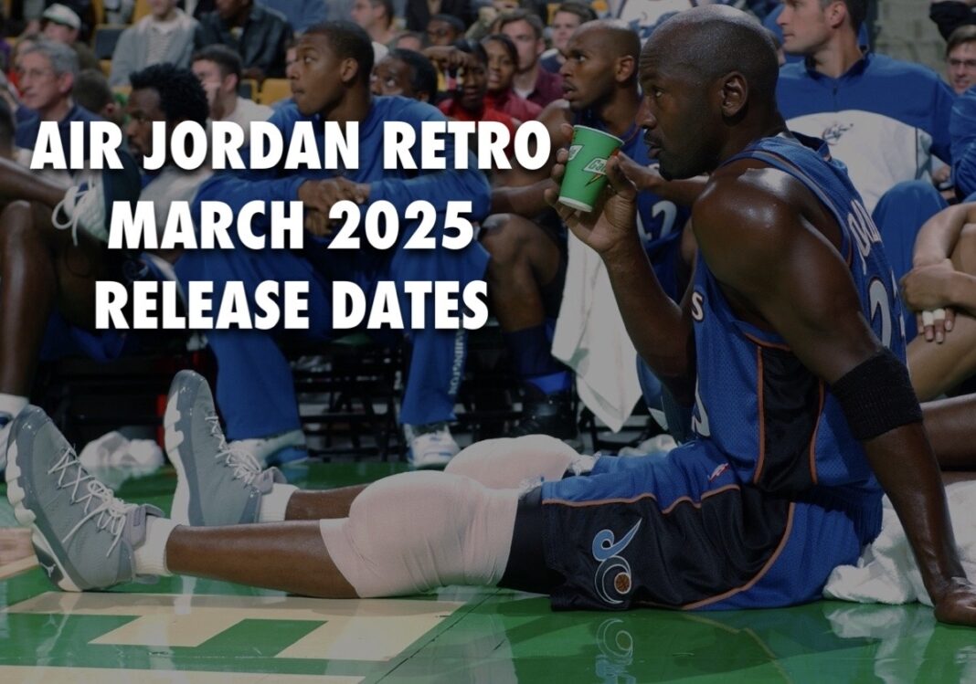 Michael Jordan sitting courtside in a Washington Wizards jersey wearing Air Jordan 9 Cool Grey