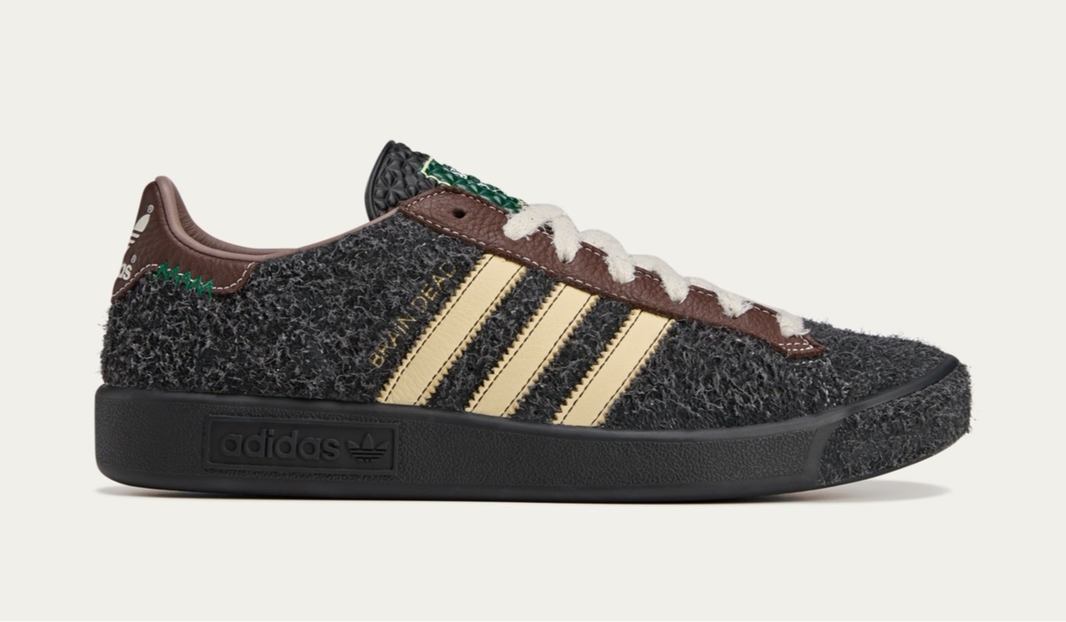 Brain Dead x adidas Forest Hills in black suede with gold stripes.