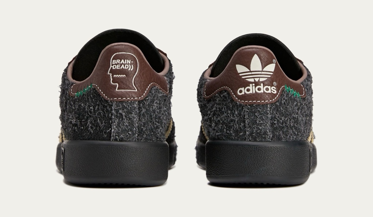 Heel view of Brain Dead x adidas Forest Hills with Brain Dead and adidas logos.