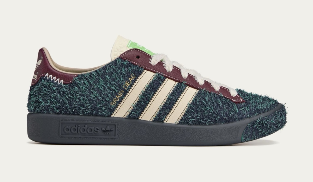 Brain Dead x adidas Forest Hills in forest green suede with cream stripes and burgundy accents.