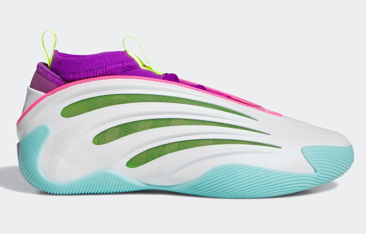 Side profile of the Jalen Williams x adidas Harden Vol. 9 showcasing white leather, green mesh, and purple bootie.
