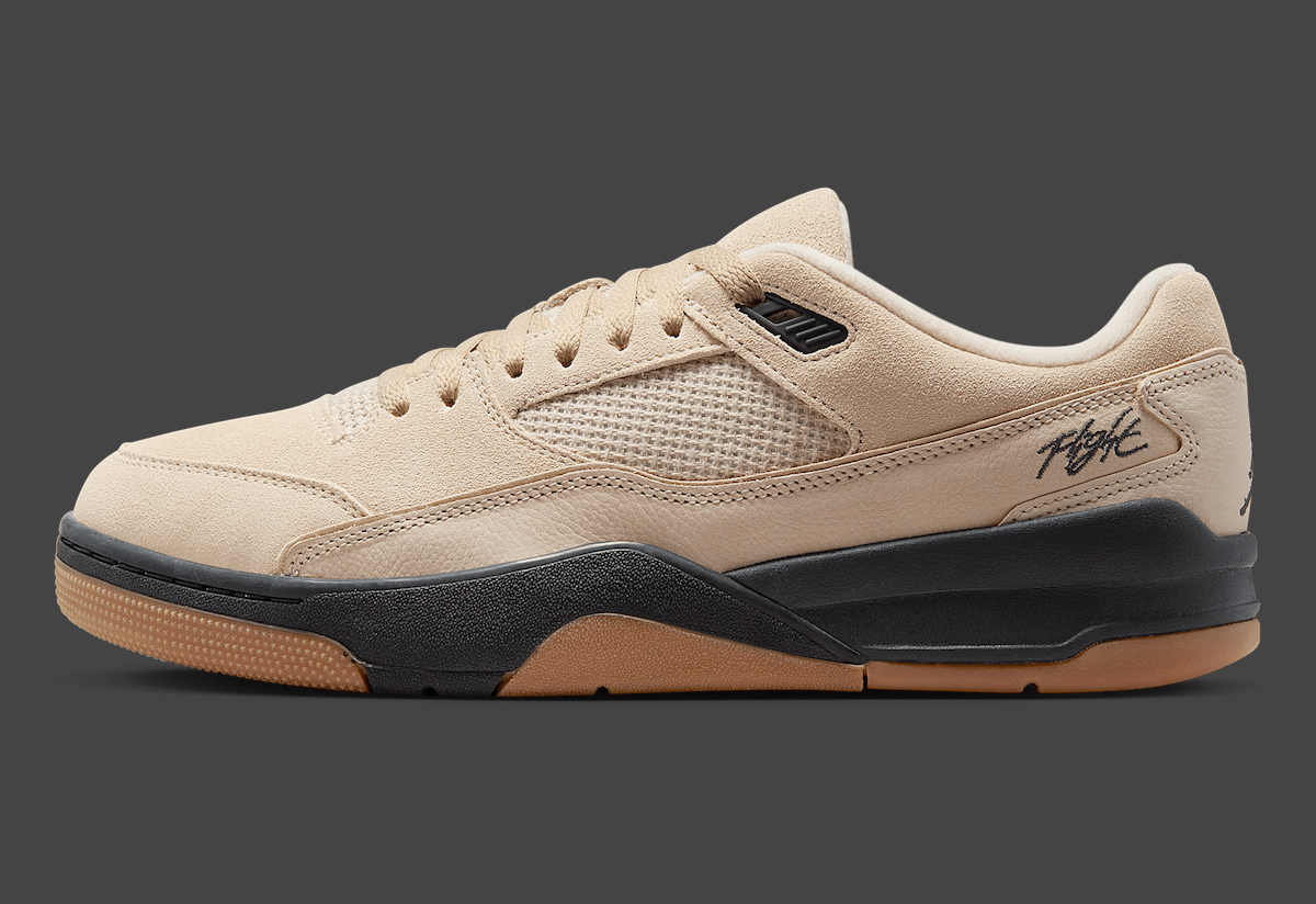 Side view of the Jordan Flight Court Rattan showcasing suede and leather uppers with dark midsole accents.