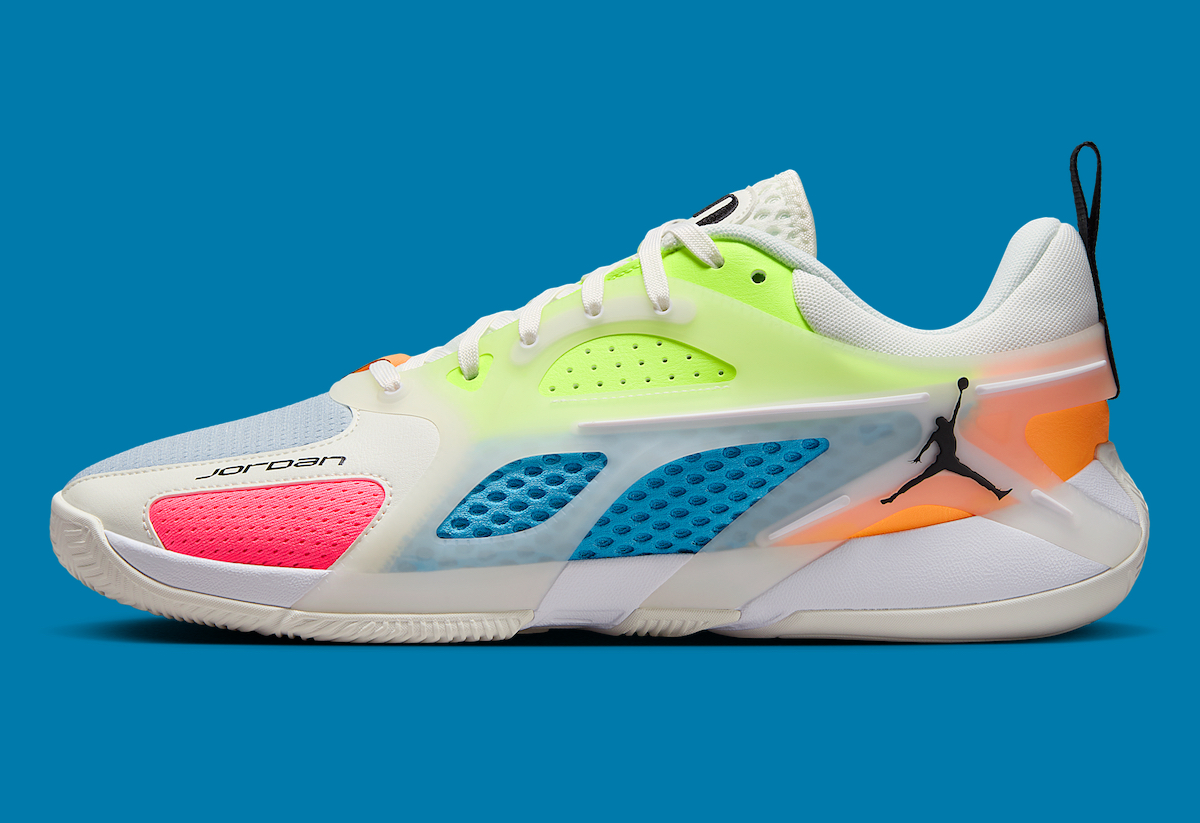 ordan Heir 'Neon Multi-Color' showcasing its breathable mesh panels, gradient TPU overlays, and signature Jumpman logo on the heel.