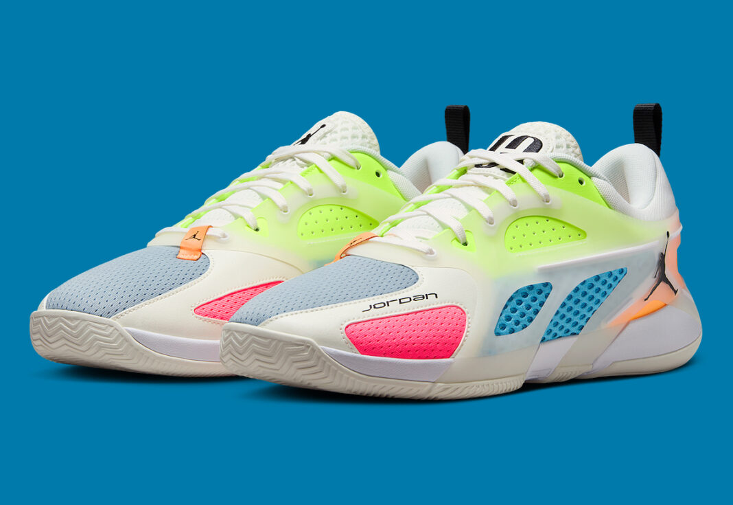 Jordan Heir 'Neon Multi-Color' sneaker featuring a mix of vibrant neon green, pink, and blue accents on a white base with a futuristic design.