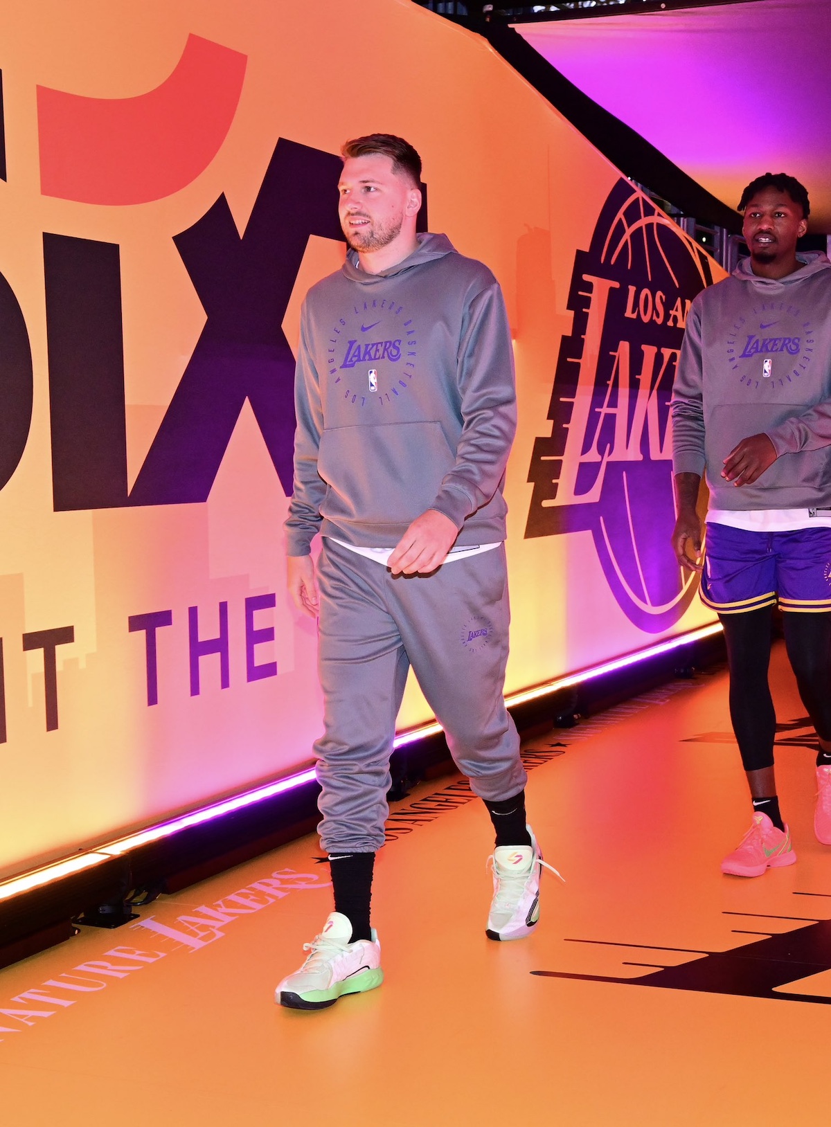 Luka Doncic walking in Jordan Luka 4 ahead of the Lakers vs. Mavericks game.