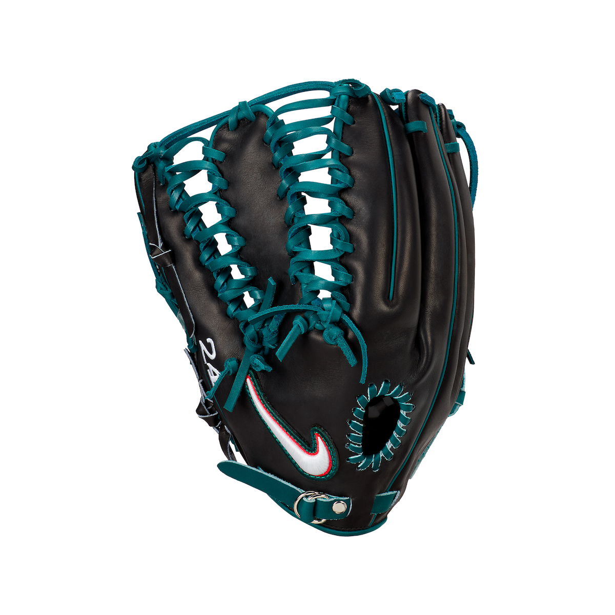 Close-up of the Ken Griffey Jr. Nike 6-Finger Web Shado Glove featuring black leather and Freshwater blue laces.