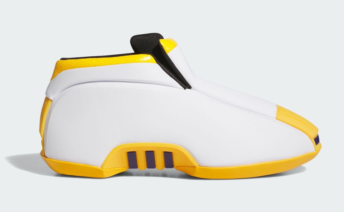 adidas Crazy 2 All-Star 2025 - Side view of Kobe Bryant's retro basketball shoe in White, Yellow, and Purple, featuring a sleek, futuristic molded upper.