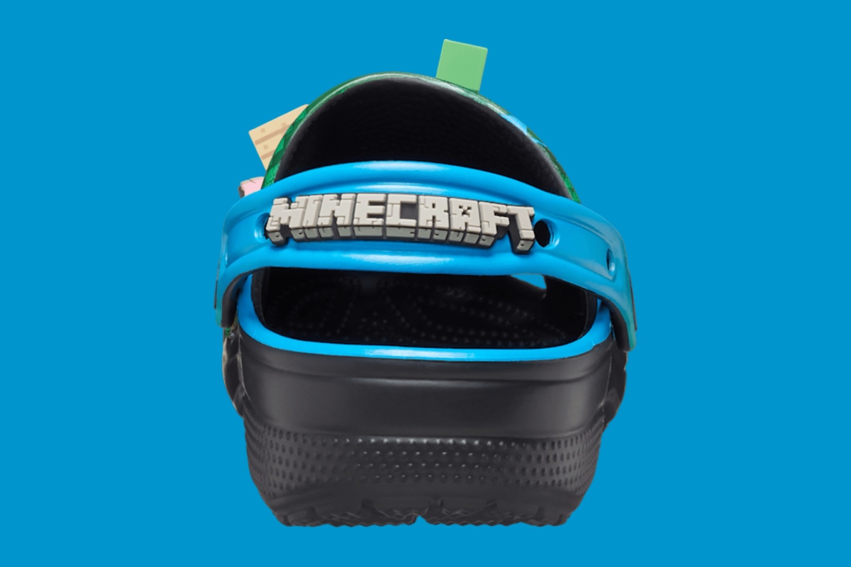 Rear view of Minecraft x Crocs Classic Clog with blue strap and Minecraft logo