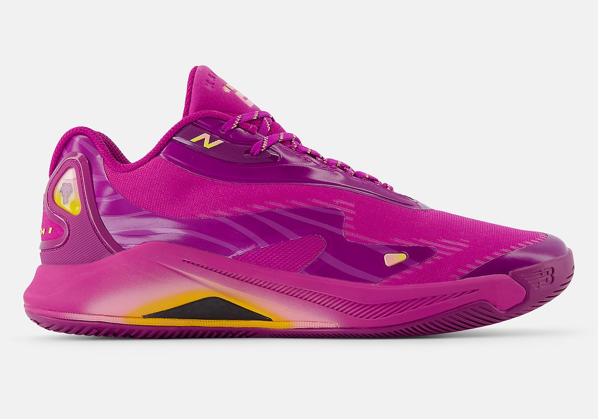 Side profile of New Balance Kawhi 4 Purple Punch Signal Pink BBKLSGY4 showcasing bold pink tones with yellow midsole accents.