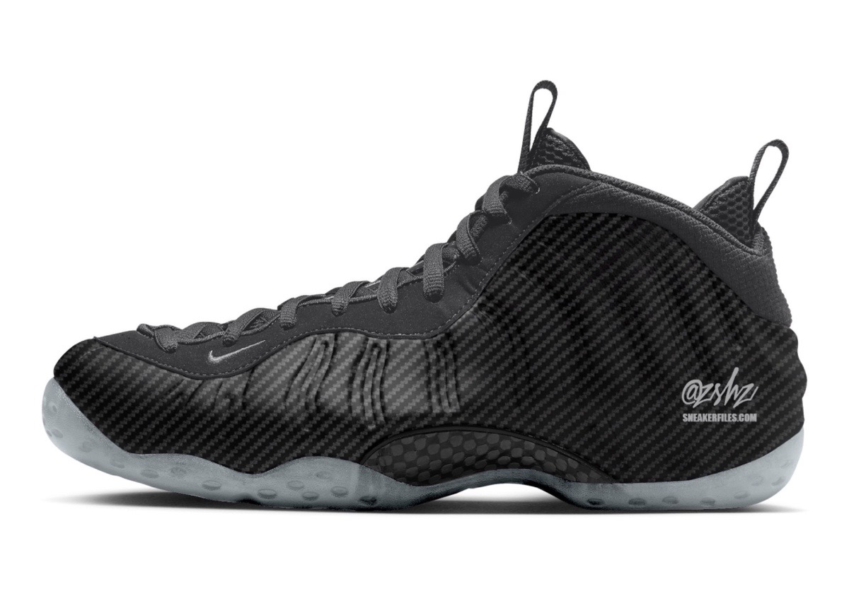 Nike Air Foamposite One Carbon Fiber side profile showing the carbon fiber details and icy soles.