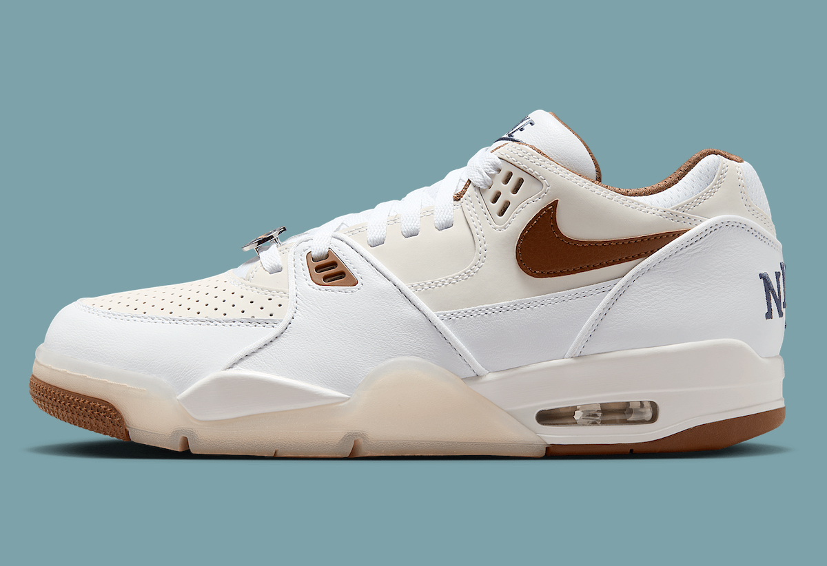 Side profile of Nike Air Flight 89 Low "NAI-KE" showcasing brown Swoosh and translucent midsole.