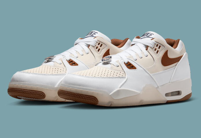 Nike Air Flight 89 Low "NAI-KE" in white, tan, and brown, angled view.