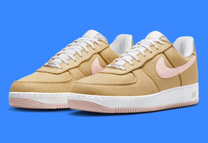 Nike Air Force 1 Low 'Linen/Linen' HV2021-200 sneaker featuring a tan linen upper, soft pink Swoosh, white midsole, and gum pink outsole for a clean, timeless look.