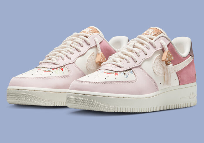 Nike Air Force 1 Low Mushroom with pastel pink suede panels and floral embroidery