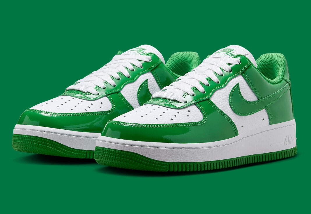 Nike Air Force 1 Low Kelly Green women’s sneaker with white leather and glossy green overlays.