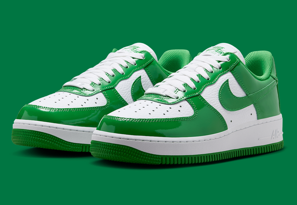 Nike Air Force 1 Low Kelly Green women’s sneaker with white leather and glossy green overlays.
