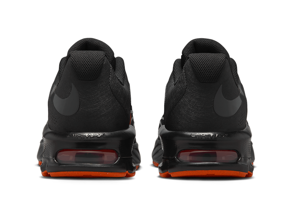 Rear view of Nike Air Max Fire Black/Orange showing vibrant outsole