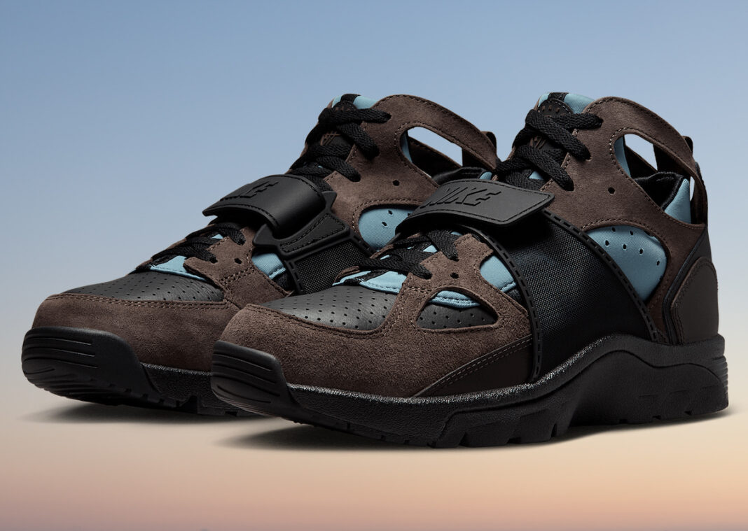 Side view of Nike Air Trainer Huarache Baroque Brown showcasing Baroque Brown nubuck and black leather overlays