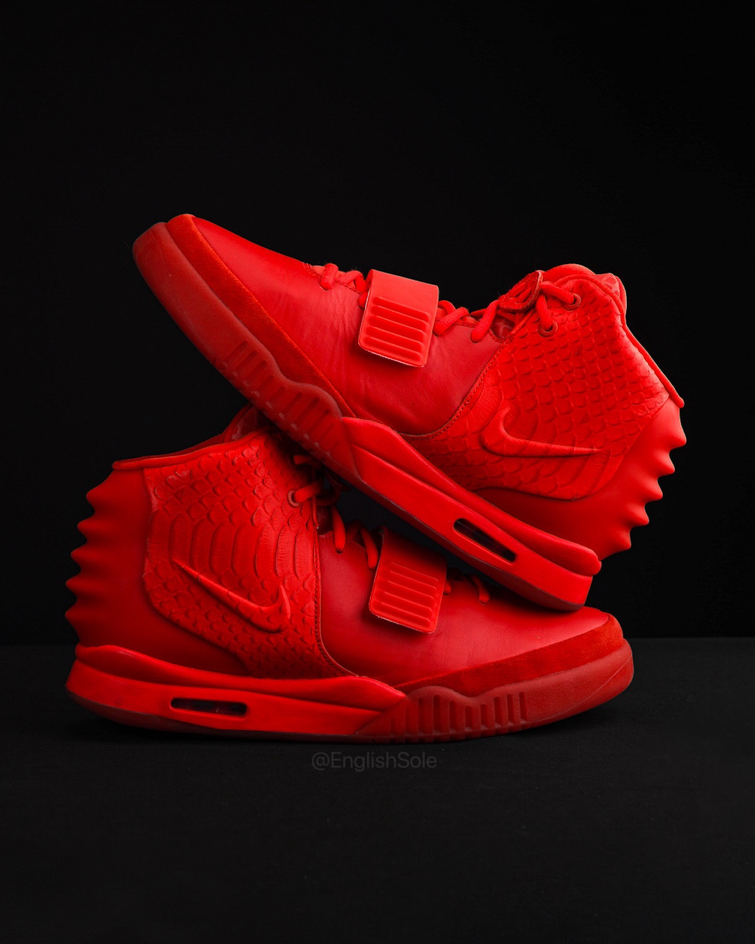 Floating angle shot of the ultra-rare Nike Air Yeezy 2 Red October Leather Sample