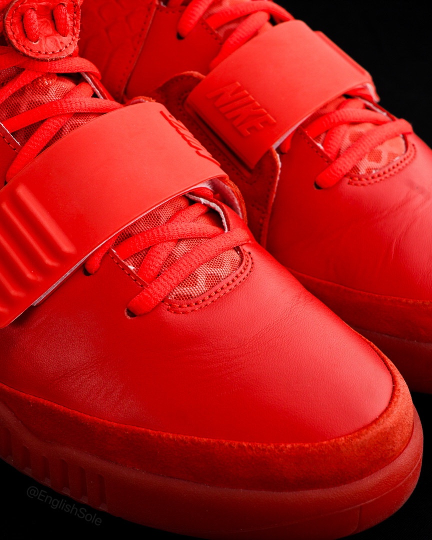 Close-up of the leather details on the Nike Yeezy 2 Red October Sample