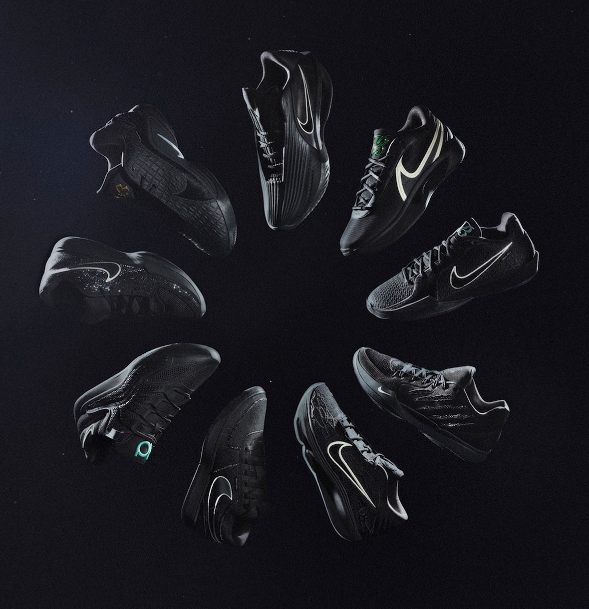 Nike Black Label Collection 2025 showcasing limited-edition basketball sneakers from top athletes in sleek black designs accented with coconut milk tones.
