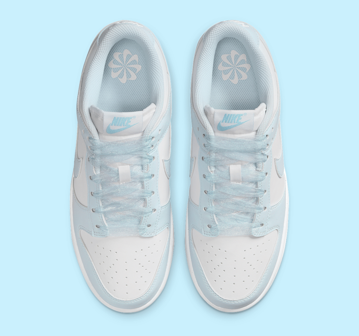 top view of Nike Dunk Low Next Nature Blue Tint with unique ribbon laces