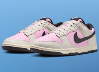 Nike Dunk Low Pink Rise HF5441-600 featuring light pink leather upper, cream overlays, black Swoosh, and off-white midsole with black outsole.