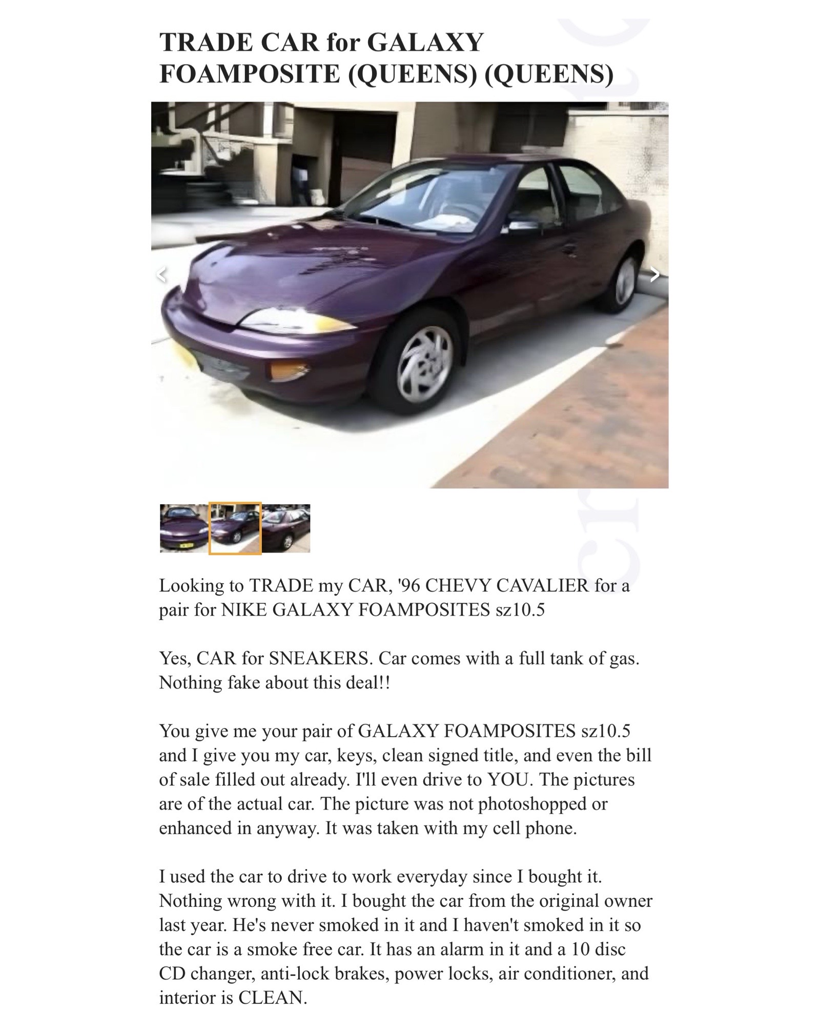 Craigslist ad offering a 1996 Chevy Cavalier in exchange for a pair of Galaxy Foamposites.