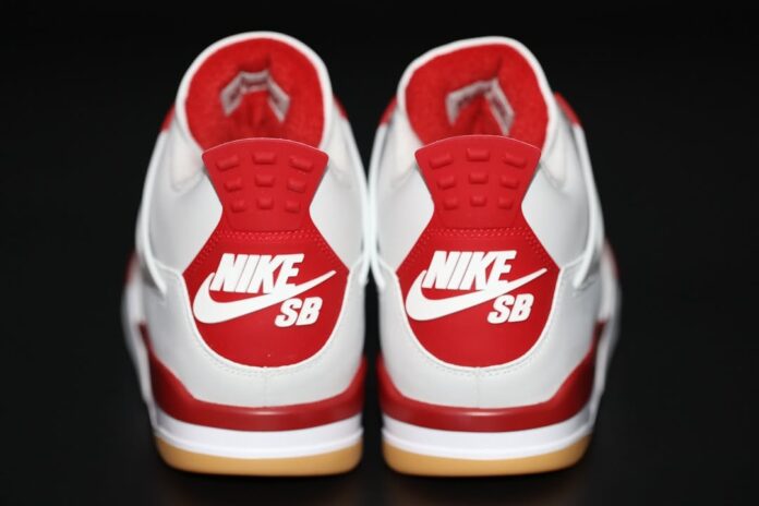 Nike SB x Air Jordan 4 "Varsity Red" 2025 Friends & Family – Rear heel view emphasizing bold Nike SB branding in white against a Varsity Red heel tab.