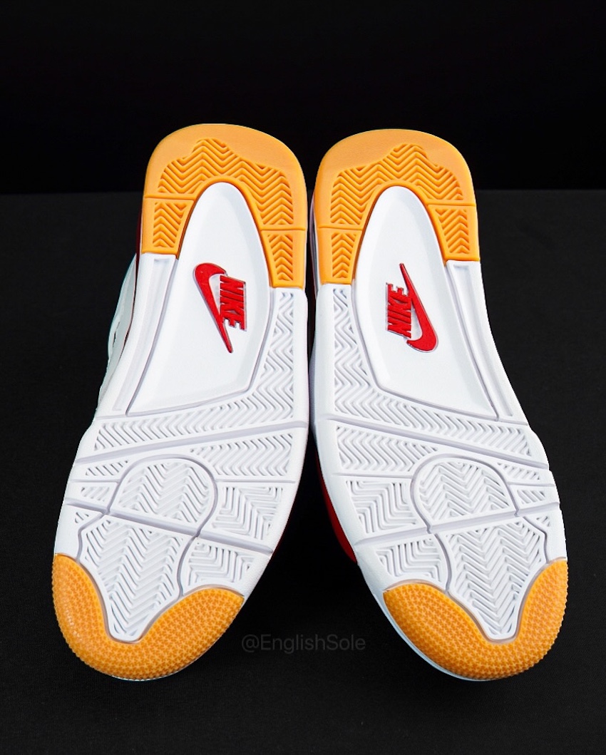 Outsole view of Nike SB Air Jordan 4 Varsity Red with gum rubber details