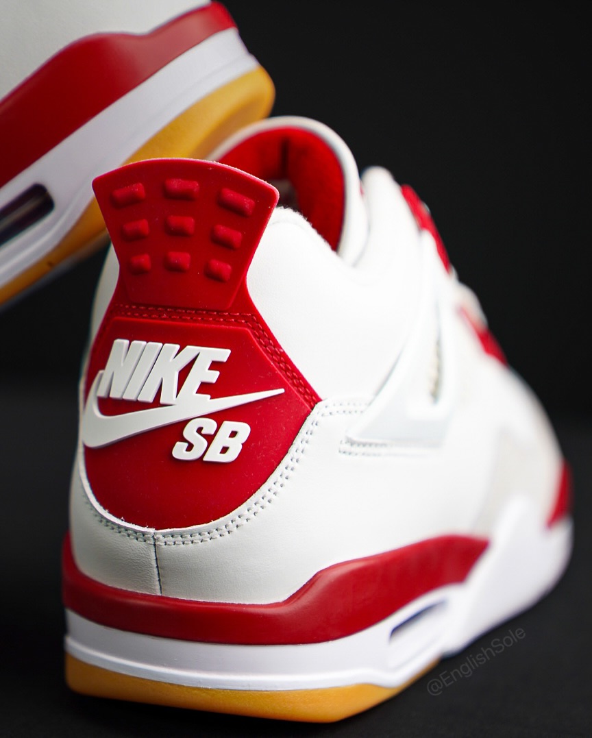 Close-up of the heel tab on Nike SB Air Jordan 4 Varsity Red