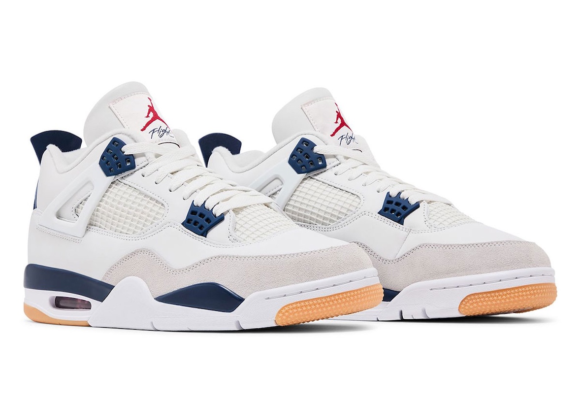 A detailed look at the upcoming Nike SB x Air Jordan 4 'Navy' featuring a white leather upper, navy blue accents, suede overlays, and a gum outsole.