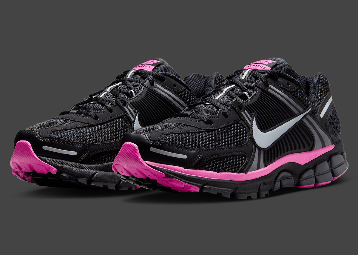 Nike Zoom Vomero 5 Black Pink showcasing sleek black mesh with hot pink accents