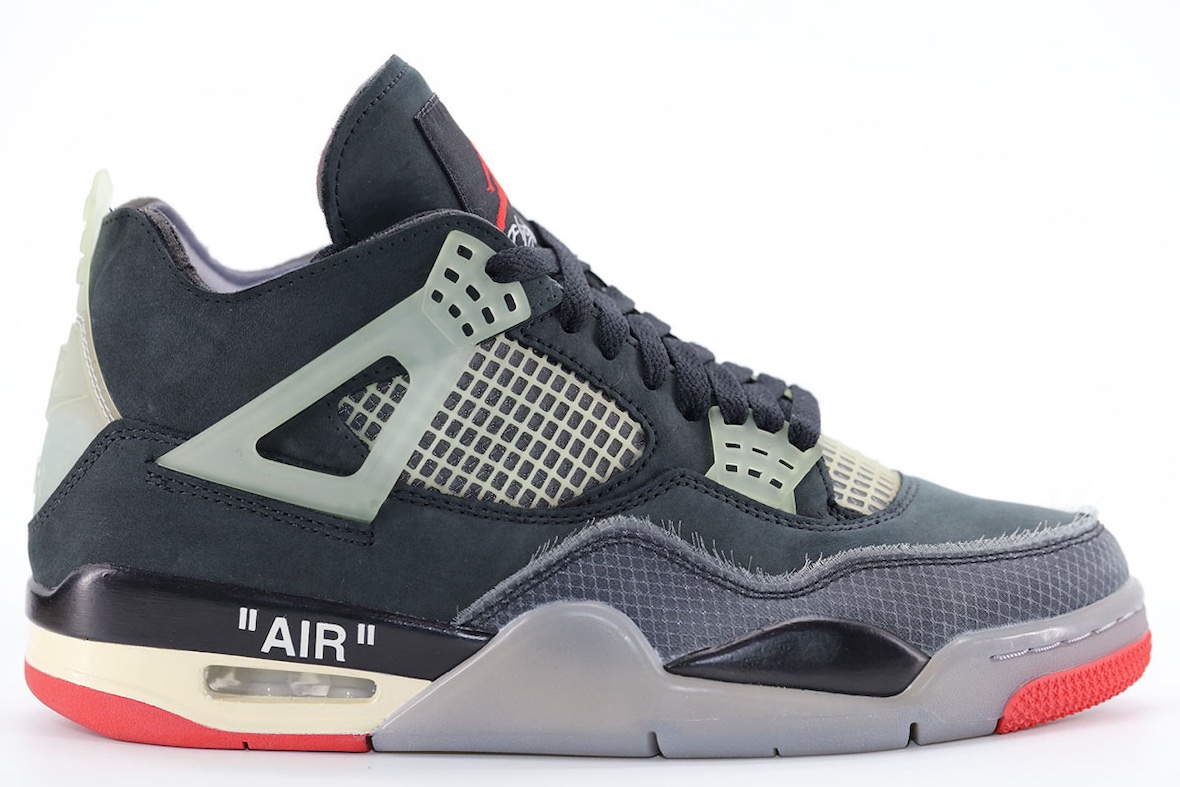 Side profile of Off-White x Air Jordan 4 Bred with NextSkin synthetic overlays and signature deconstructed elements