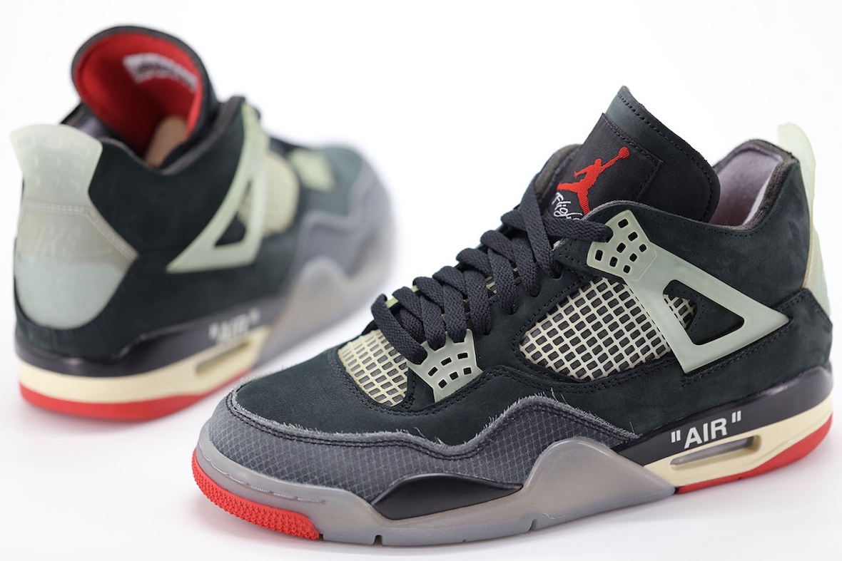 Off-White x Air Jordan 4 Bred front view showcasing aged midsole and translucent eyelets