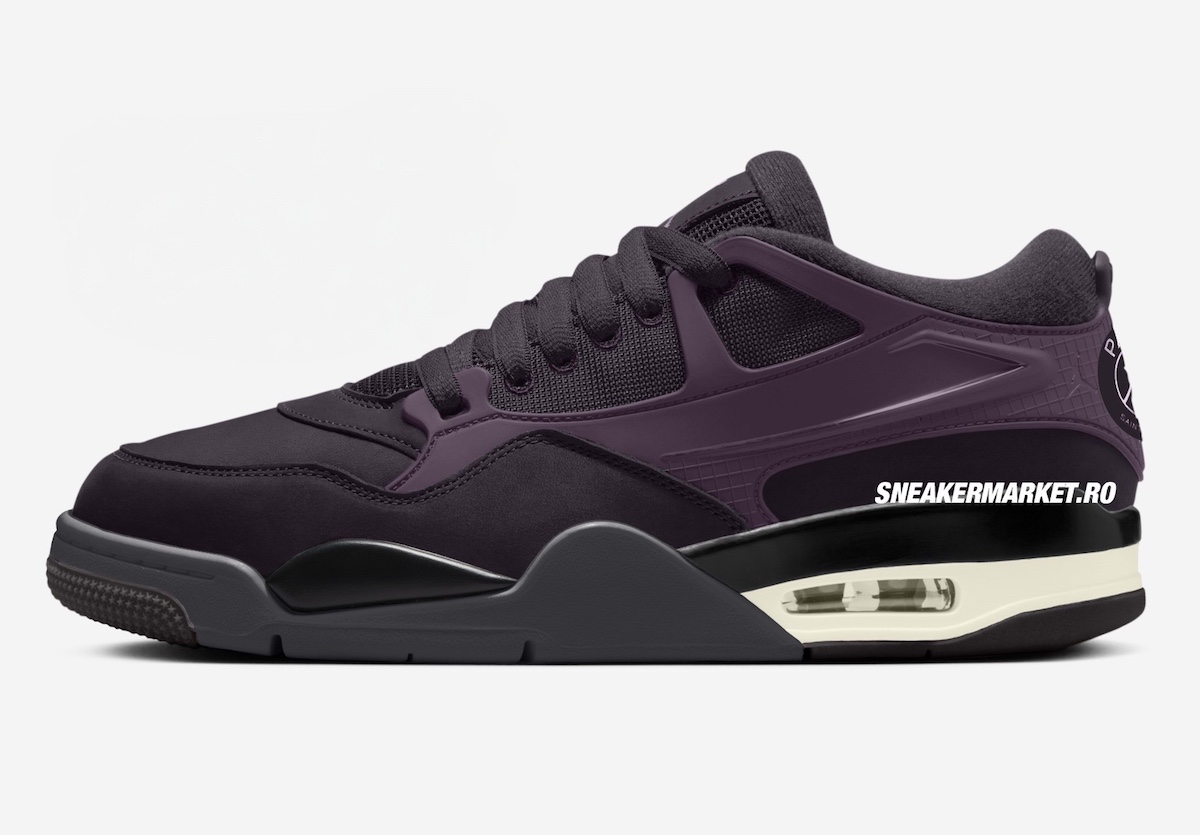 ender of the PSG x Air Jordan 4 RM Off Noir featuring special branding and a mix of Off Noir, Particle Rose, Anthracite, and Sail tones.